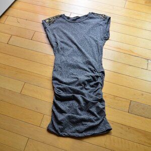 Designer Gray Jersey Dress – Embellished Shoulders Fits US XS